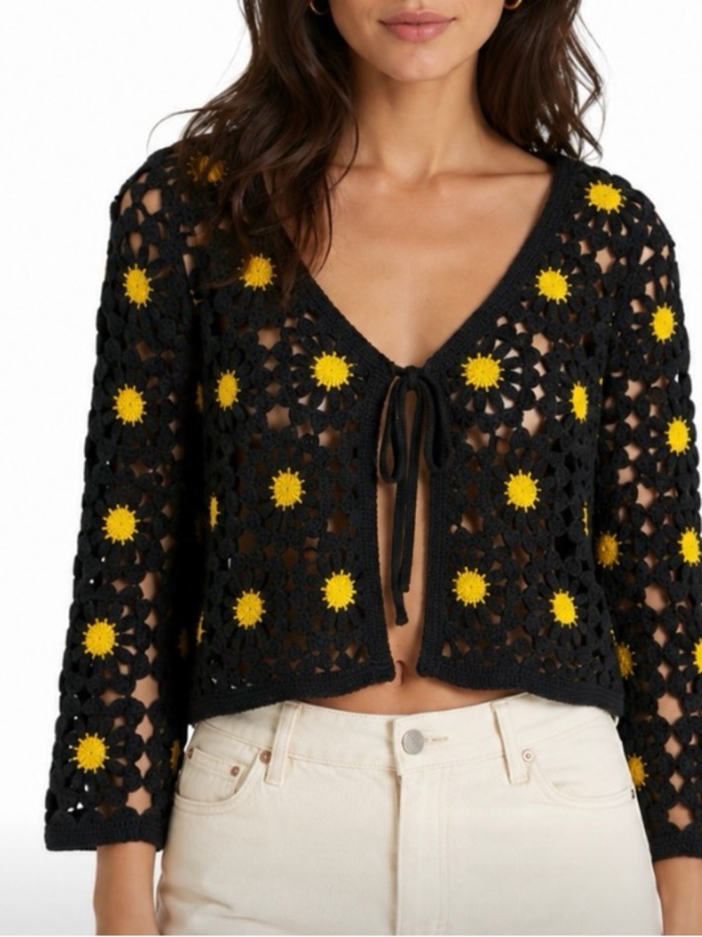 Francesca's Black Crochet Daisy Tie-Front Cardigan with Yellow Centers six